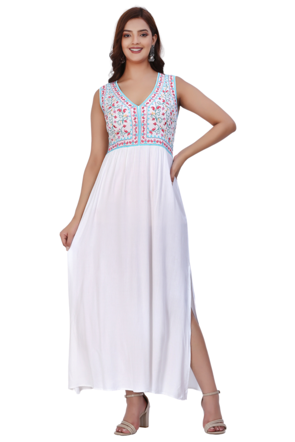 White Embroidered Cut Sleeve Long Dress