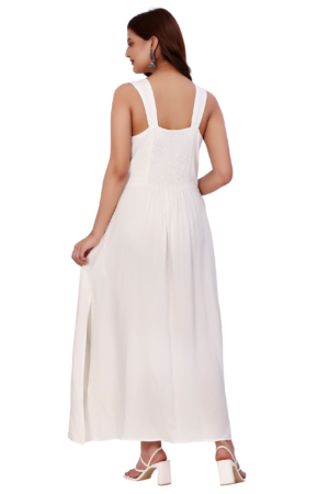 White Embroidered Floral Long Dress - Back