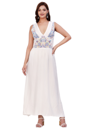 White Embroidered Floral Long Dress - Front