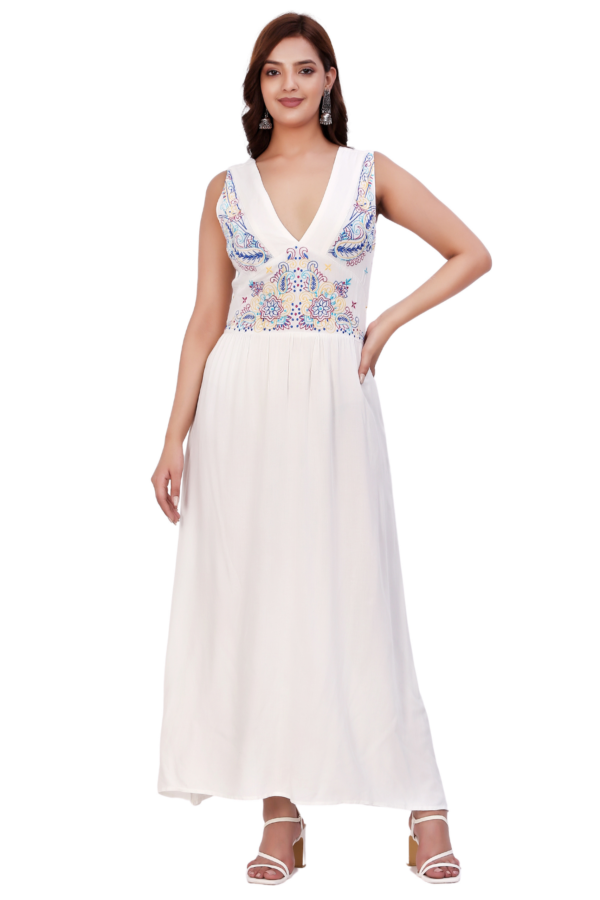 White Embroidered Floral Long Dress