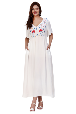 White Embroidered Long Dress - Front