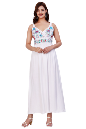 White Floral Long Embroidered Dress - Front