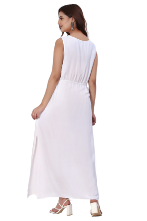 White Rayon Embroidered Long Dress - Back