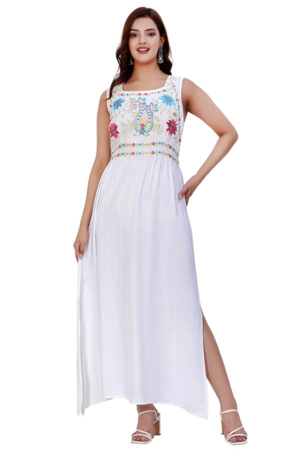 White Rayon Embroidered Long Dress