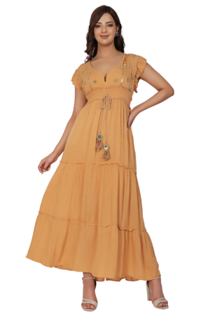 Beige Embroidered Maxi Dress - Front