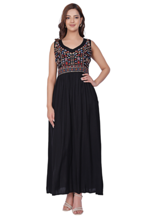 Black Cut Sleeve Embroidered Long Dress - Front