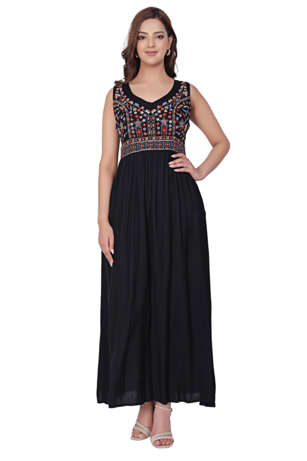 Black Cut Sleeve Embroidered Long Dress