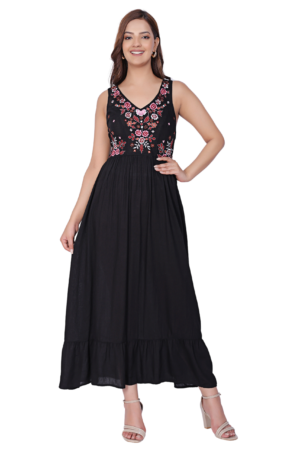 Black Embroidered Flare Maxi Dress - Front