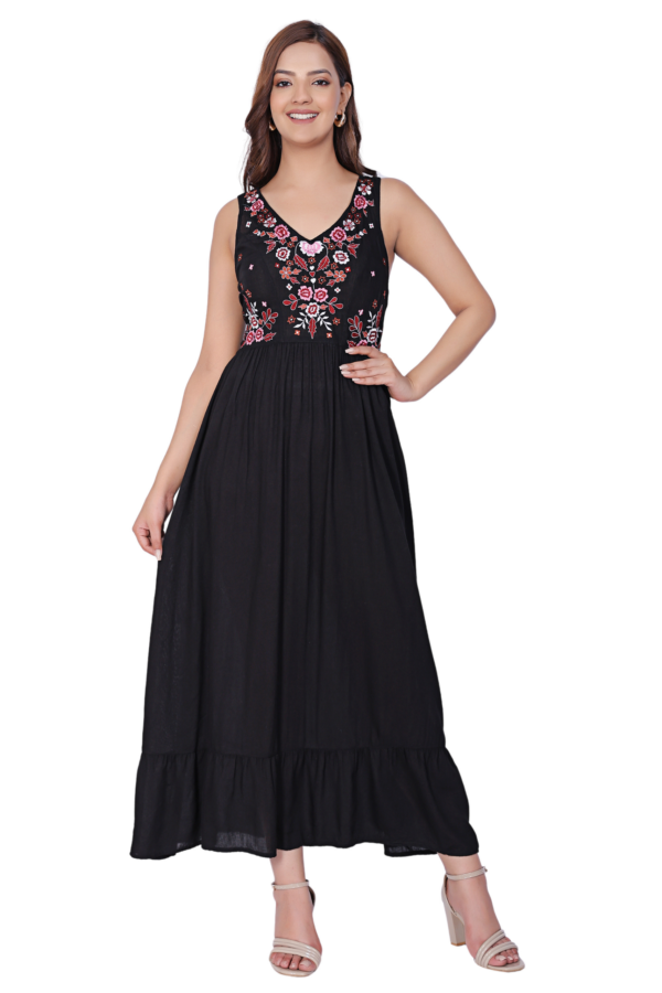 Black Embroidered Flare Maxi Dress