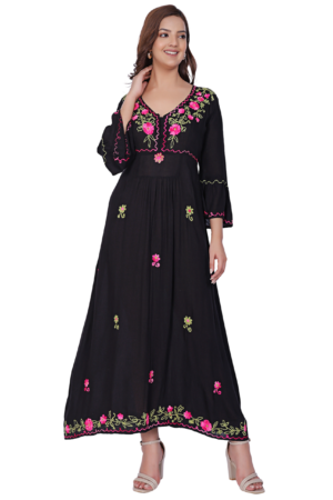 Black Embroidered Floral Maxi Dress - Front