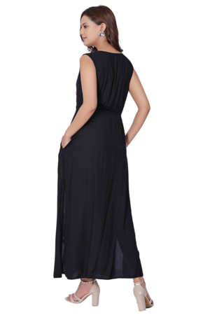 Black Embroidered Maxi Dress With Pockets - Back