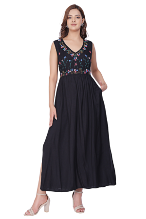 Black Embroidered Maxi Dress With Pockets - Front