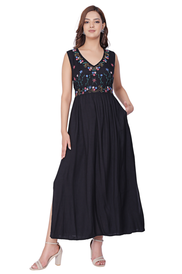 Black Embroidered Maxi Dress with Pockets