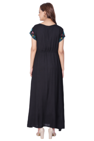 Black Embroidered Rayon Maxi Dress - Back