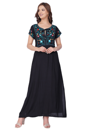 Black Embroidered Rayon Maxi Dress - Front