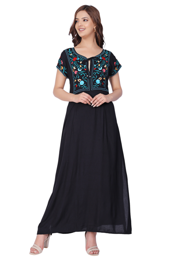 Black Embroidered Rayon Maxi Dress