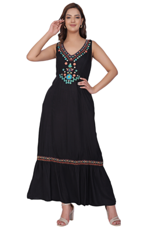 Black Floral Embroidered Maxi Dress - Front