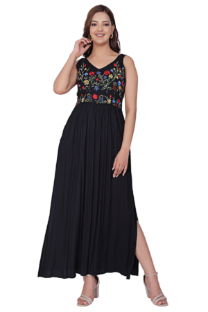 Black Floral Long Slit Dress - Front