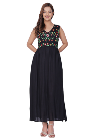 Black Petal Embroidered Maxi Dress - Front