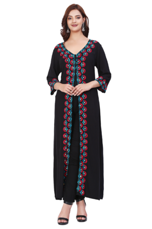 Black Rayon Embroidered Long Shrug Dress - Front