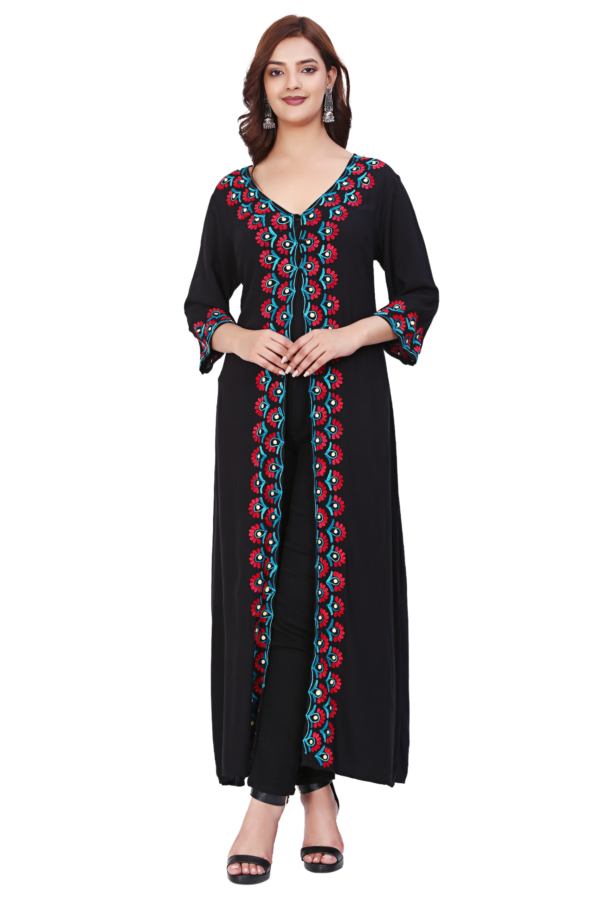 Black Rayon Embroidered Long Shrug Dress