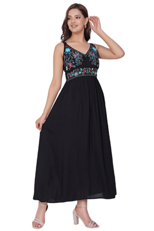 Black Rayon Embroidered Maxi Dress - Front