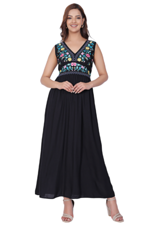 Black Rayon Flare Maxi Dress - Front