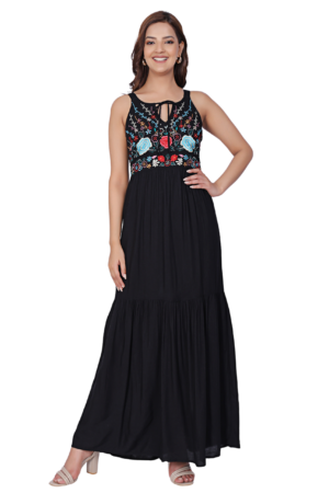 Black Rayon Floral Flare Maxi Dress - Front