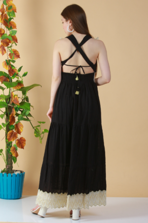 Black Rayon Lace Long Dress - Back