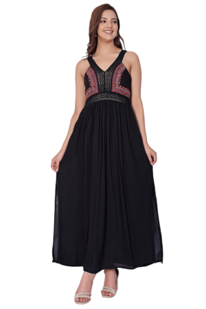 Black Rayon Swan Maxi Dress - Front