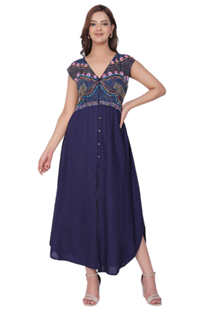 Blue Embroidered Long Slit Dress - Front