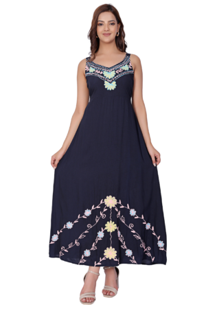 Blue Embroidery Maxi Dress - Front