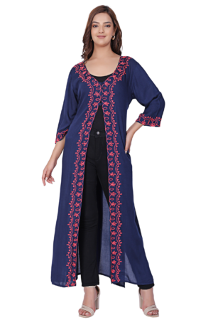 Blue Pink Embroidered Full Length Shrug - Front