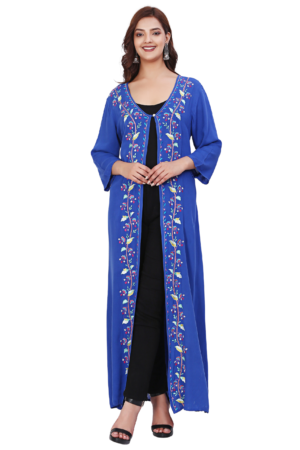 Blue Rayon Embroidered Long Shrug Dress - Front