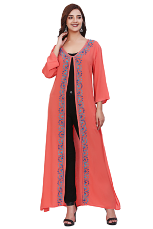 Coral Rayon Embroidered Long Shrug Dress - Front