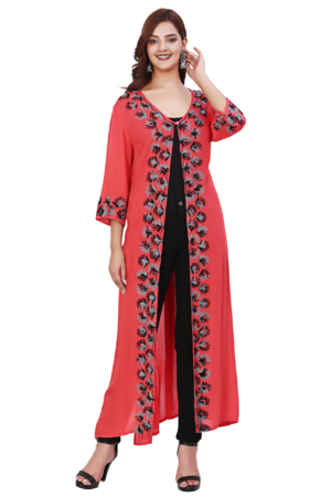 Coral Rayon Open Embroidered Shrug Dress - Front