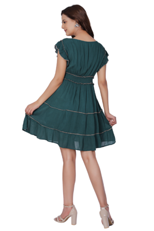 Green Rayon Embroidered Mini Dress - Back