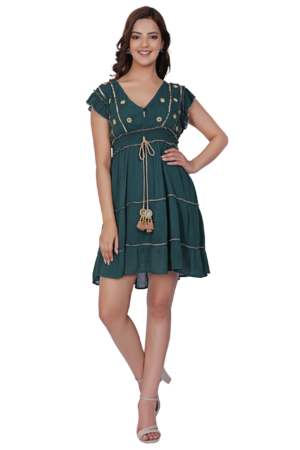 Green Rayon Embroidered Mini Dress - Front