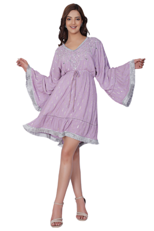 Lavender Bell Sleeves Short Dress - Front