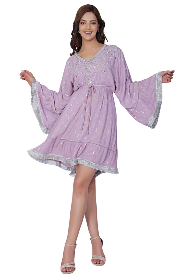 Lavender Bell Sleeves Rayon Short Dress