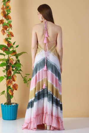 Multi-colour Haltered Neck Flared Dress - Back