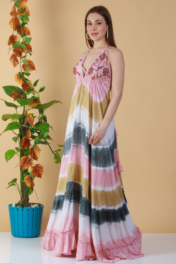 Multi-colour Haltered Neck Flared Dress