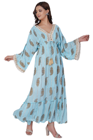Turquoise Rayon Embroidered Long Dress - Front