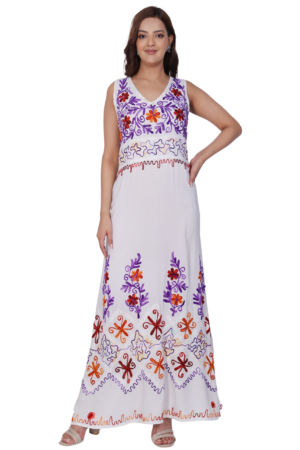 White A-line Embroidered Maxi dress - Front