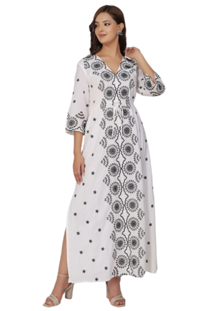 White Black Embroidered Long Dress - Front