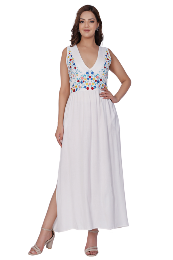 White Embroidered Long Dress with Slit