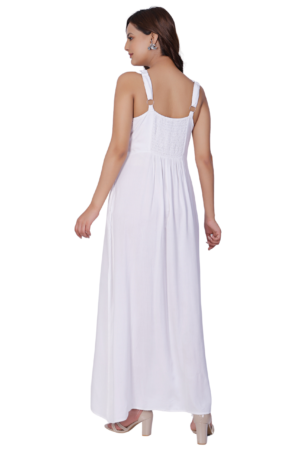 White Embroidered Long Slit Dress - Back