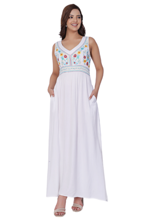 White Embroidered Long Slit Dress - Front