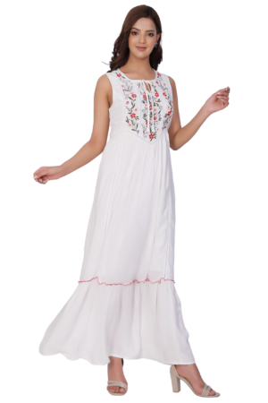 White Embroidered Maxi Dress - Front