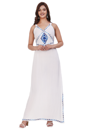 White Embroidered Rayon Long Dress - Front